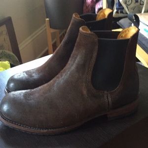 Frye Chelsea style brown suede boots.
